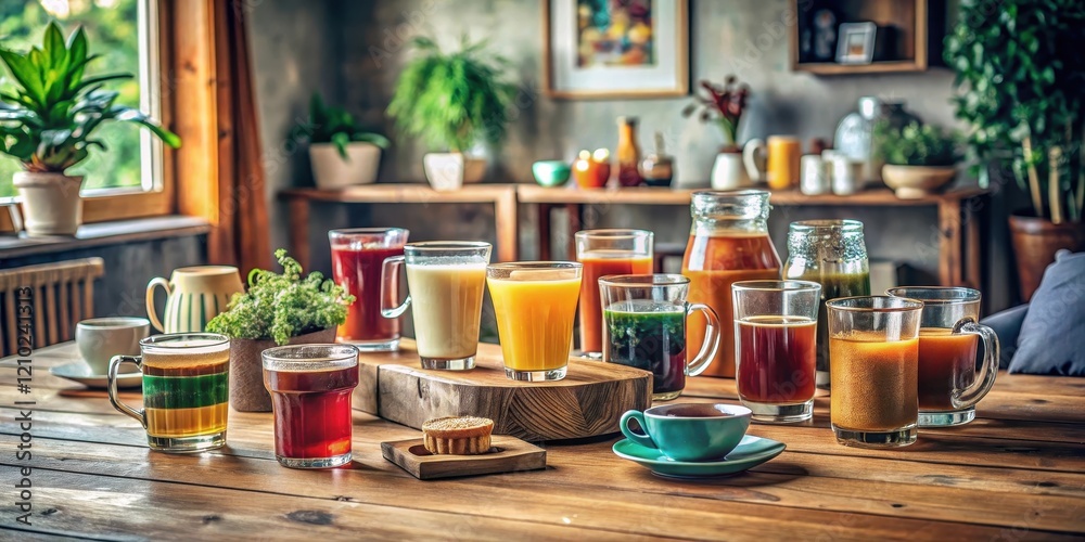 A rustic wooden table with an arrangement of row glasses and mugs filled with different types of juice, soda, and coffee, in a cozy living room setting, juice and soda, A rustic wooden table with an arrangement of row glasses and mugs filled with different types of juice, soda, and coffee, in a cozy living room setting, juice and soda,