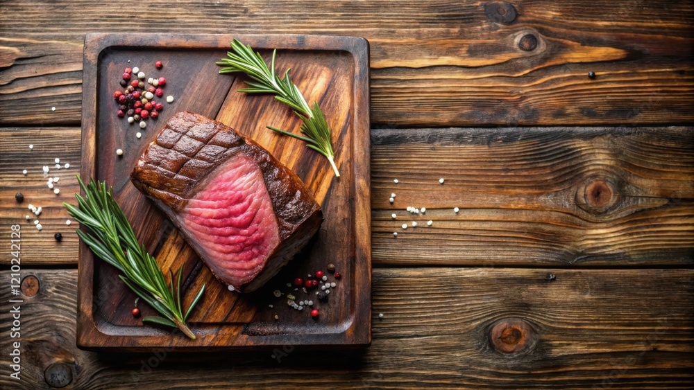A succulent, rare-cooked beef steak, seasoned with peppercorns and rosemary, rests elegantly on a rustic wooden board. A succulent, rare-cooked beef steak, seasoned with peppercorns and rosemary, rests elegantly on a rustic wooden board.