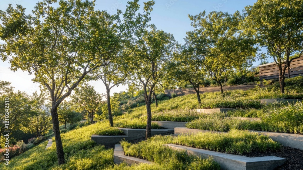 a hillside with a few trees and a bench a hillside with a few trees and a bench