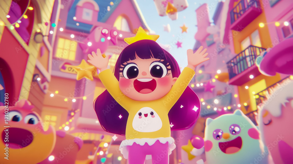 Joyful Girl in a Whimsical Town: 3D Render of a Happy Child in a Candy-Colored Cityscape Joyful Girl in a Whimsical Town: 3D Render of a Happy Child in a Candy-Colored Cityscape
