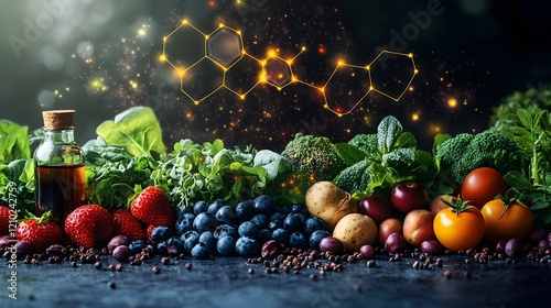 Vibrant and Glowing Plant Based Antioxidant Molecular Structures Depicting the Natural Compounds that Contribute to Organic Vitality and Wellness