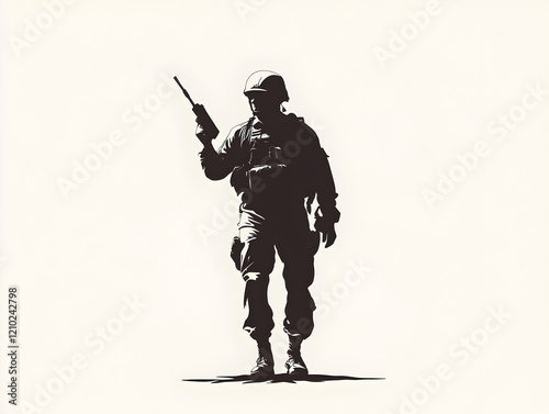 A clean vector of a soldier with a radio, symbolizing communication on the battlefield. Soldier with radio.


