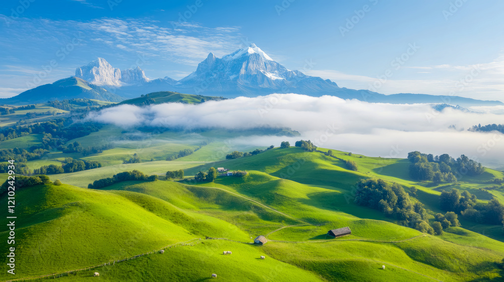 Fototapeta premium Serene Meadows with Majestic Mountain Peaks at Sunrise