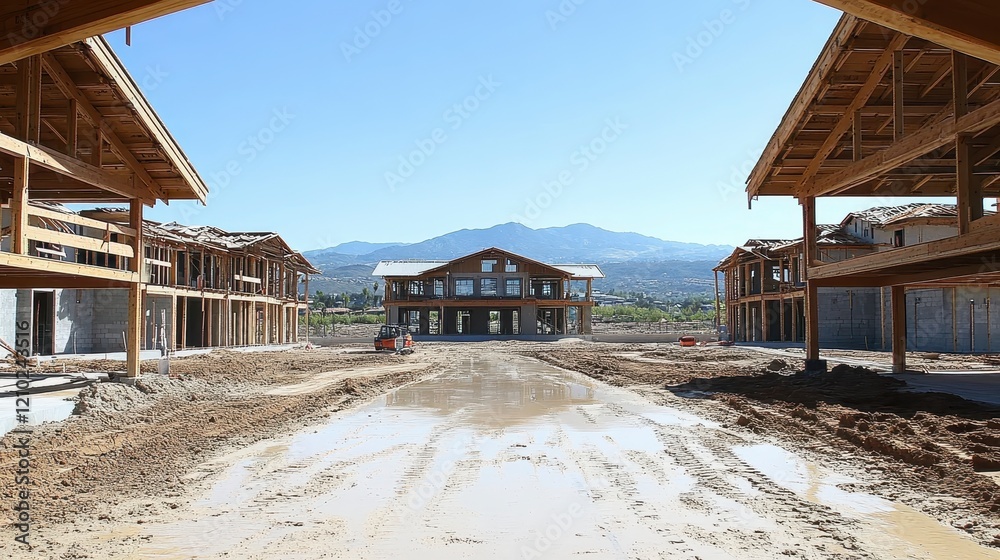 Obraz premium Construction Site Modern Building Under Construction Muddy Driveway Mountain View