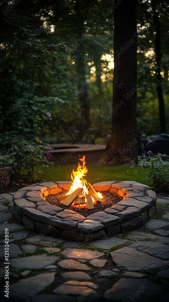 A heart-shaped firepit glowing in a landscaped backyard, postcard design with space for greetings. Valentine concept, landscape design, vertical illustration A heart-shaped firepit glowing in a landscaped backyard, postcard design with space for greetings. Valentine concept, landscape design, vertical illustration
