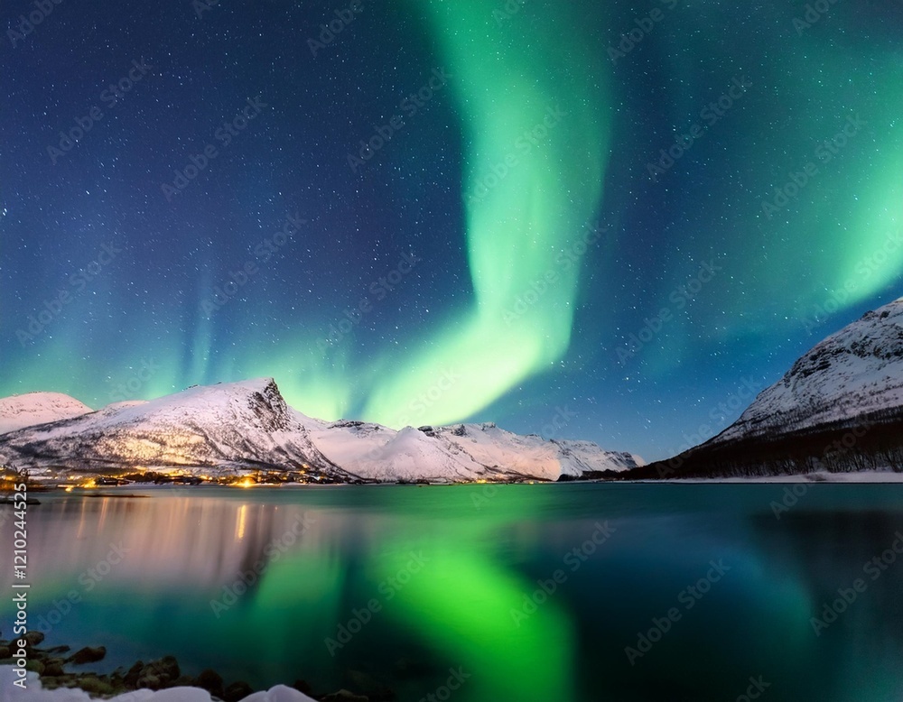 Naklejka premium Northern Lights Over a Lake with Starry Night Sky and Snowy Mountains
