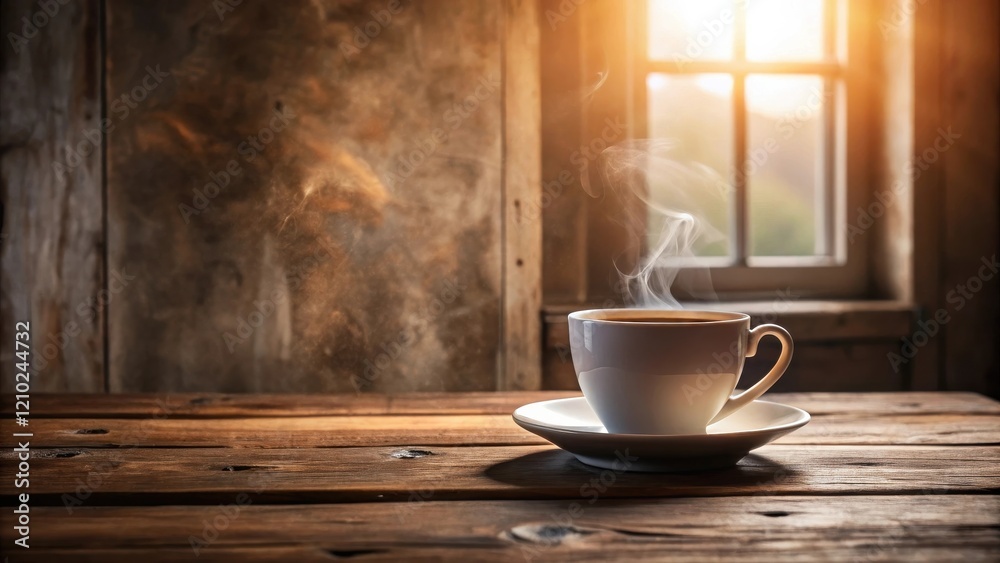 Aromatic Steam Rising from a Warm Cup of Coffee on Rustic Wooden Table by Window Aromatic Steam Rising from a Warm Cup of Coffee on Rustic Wooden Table by Window