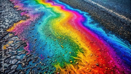 A vibrant iridescent oil spill on asphalt, a spectrum of colors reflecting on a dark surface