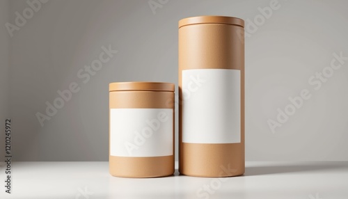 Minimalist food canisters mockup on reflective surface, branding design photo