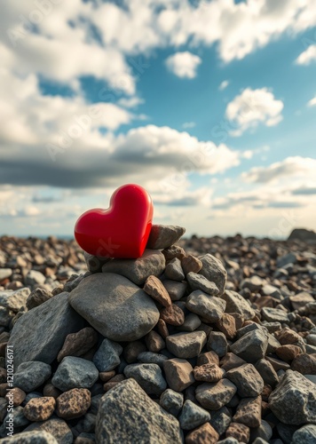 A red heart sits atop a pile of rocks conveying love and resilience love love heart valentine vector romantic day holiday  photo