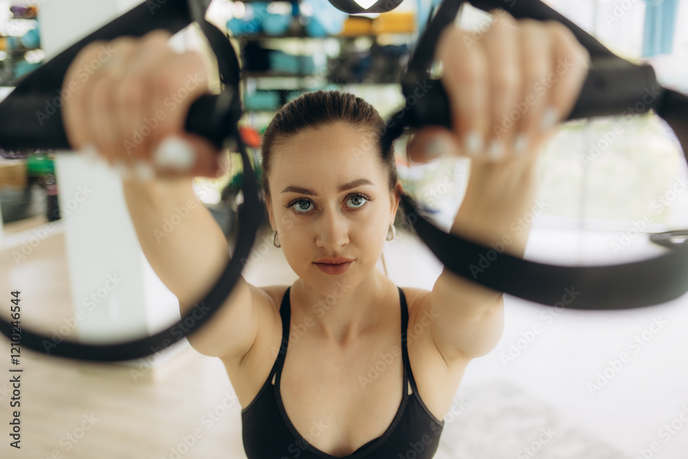 Obraz premium A woman works out in the gym at Total Resistance eXercises (TRX), healthy lifestyle, strength and balance training