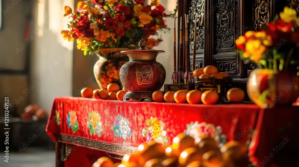 Naklejka premium A festively dressed altar with ancestral offerings in a warm home setting, blurred background, Chinese New Year, with copy space.
