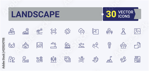 Landscape lined icons set. Includes icons for canyon, landscape, sky, cliff, house, tree, rest, nature. Simple line vector. Vector icons editable stroke.