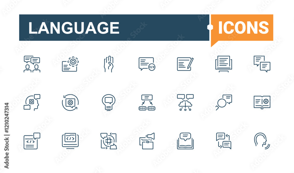 Language icon set. Contains such icons as dialogue, talk, pronunciation, vocabulary, international, foreign and more. Thin UI icon design. Editable vector stroke. Language icon set. Contains such icons as dialogue, talk, pronunciation, vocabulary, international, foreign and more. Thin UI icon design. Editable vector stroke.