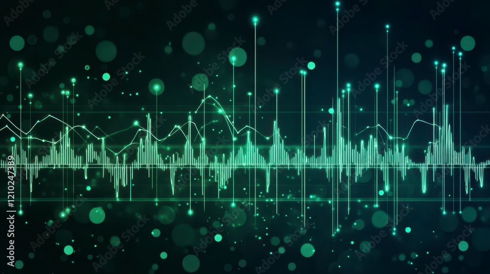 Fototapeta premium Abstract Green Audio Waveform Visualization Digital Data Technology and Sound Frequency