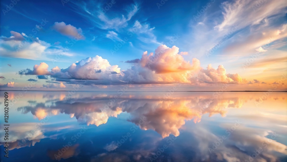 Obraz premium Serene Sunset Reflection A Picturesque Panorama of Calm Waters and Colorful Clouds