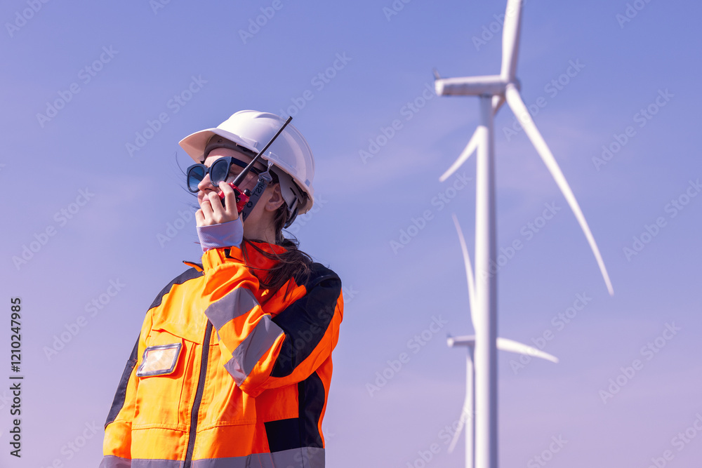 Obraz premium Engineer woman in hardhat with laptop and blueprint working on wind turbines at electricity power station background. Renewable energy, wind turbine generate electricity to produce energy .