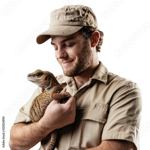 Smiling zookeeper in khaki uniform holding a large lizard, representing wildlife expertise and reptile care, close-up view.