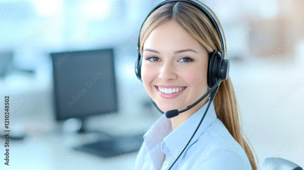 A smiling female customer service representative wearing a headset, ready to assist clients in a modern office setting. A smiling female customer service representative wearing a headset, ready to assist clients in a modern office setting.