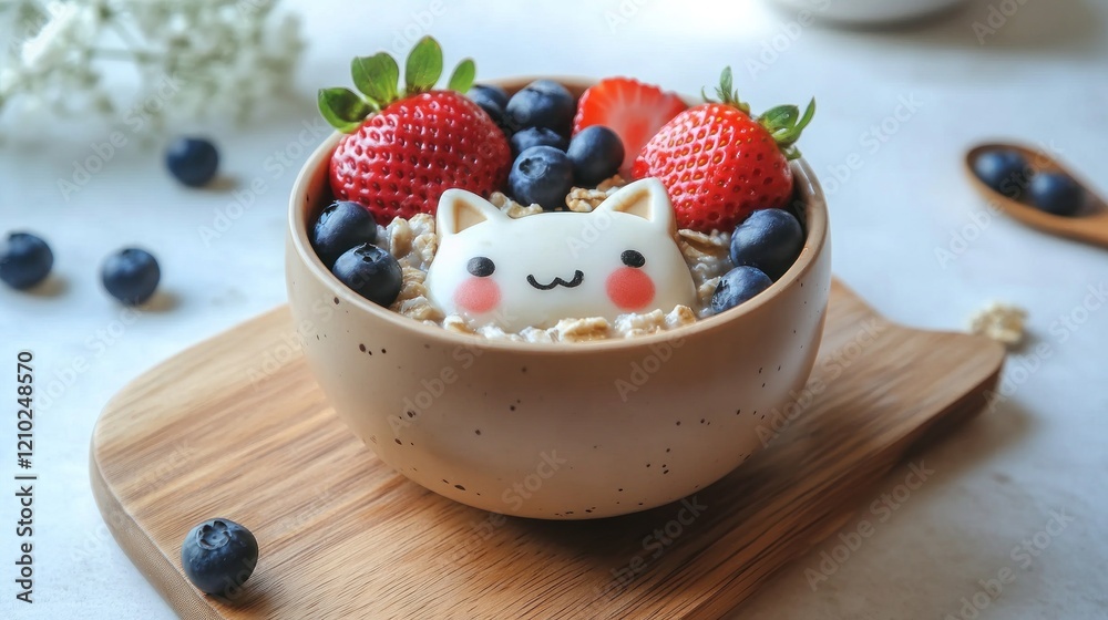 Cute Cat-Shaped Yogurt Bowl with Fresh Fruits Cute Cat-Shaped Yogurt Bowl with Fresh Fruits