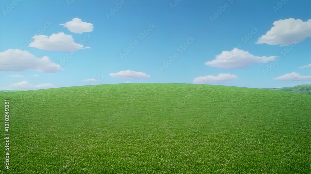 Fototapeta premium Rolling green hills, sunny sky, pastoral scene, nature background, idyllic