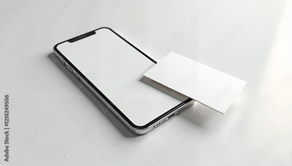Photorealistic smartphone mockup with business card, sleek and professional, branding and contact information display on white surface with copy space Photorealistic smartphone mockup with business card, sleek and professional, branding and contact information display on white surface with copy space
