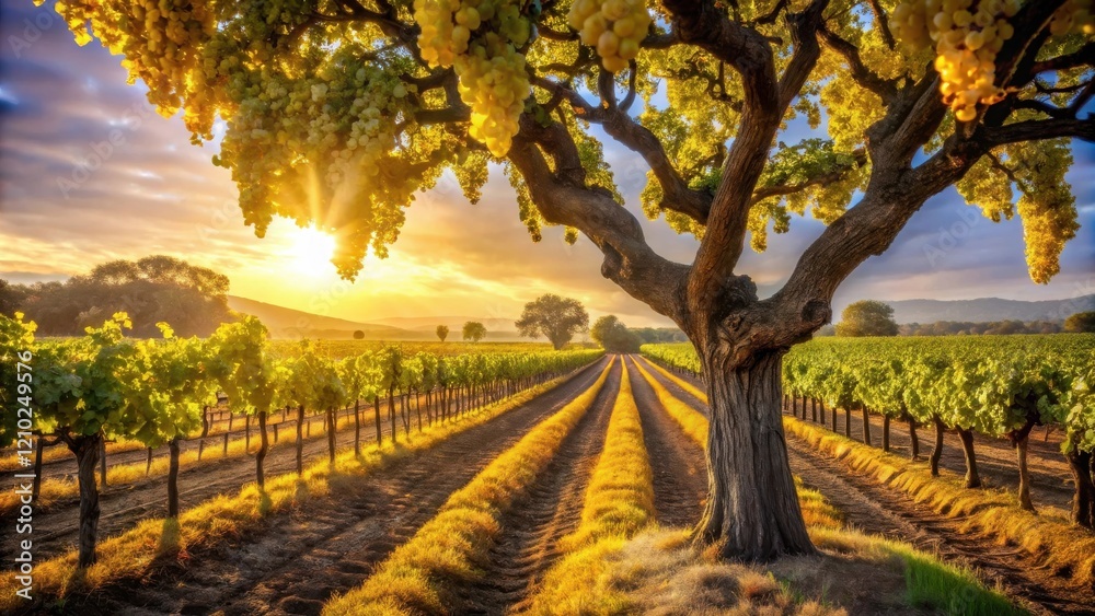 Fototapeta premium Golden Hour Vineyard Landscape Rows of grapevines bathed in the warm glow of the setting sun, a majestic tree in the foreground, showcasing the beauty of agricultural land.