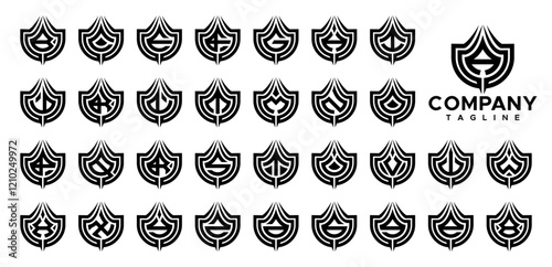 Line round shield initial letter A-Z logo bundle