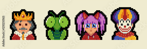 Pixel art characters set of the 8-bit avatar, funny faces in 80-s, NFT. Cartoon vector icon, game user, web profile persons, people, social net portraits