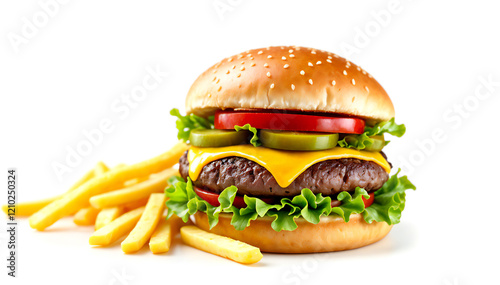 a tempting, close-up shot of a delicious burger with french fries on a bright background