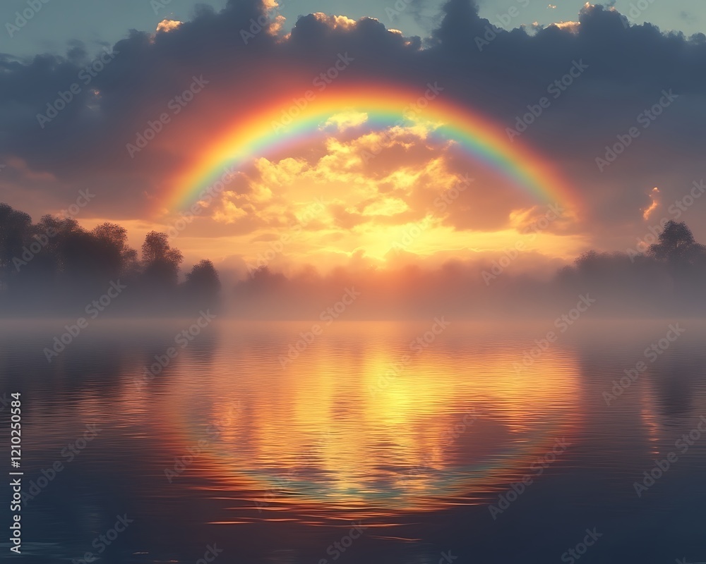 Misty sunrise with a full rainbow reflected in calm water. Misty sunrise with a full rainbow reflected in calm water.