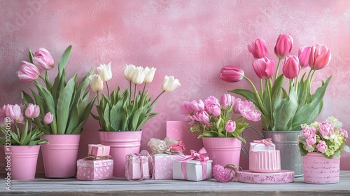 3d pink floral spring background with tulip flowers pots and gift boxes render. Holiday banner frame with bouquets in vase and present for birthday, 8 march, valentine and mother day. 3D Illustration