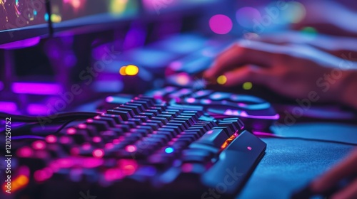 Gamer Hands on Illuminated Keyboard and Mouse Neon PC Setup Close up