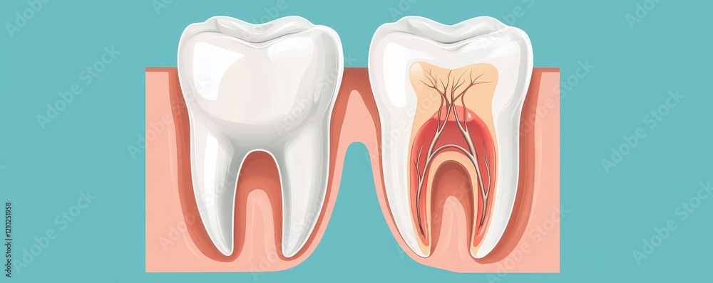 A graphic illustration comparing a healthy tooth and a tooth with internal damage, showcasing the structure and potential issues affecting dental health. A graphic illustration comparing a healthy tooth and a tooth with internal damage, showcasing the structure and potential issues affecting dental health.