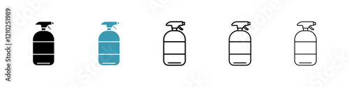 Cleaning spray icons set in black filled and stroke line style