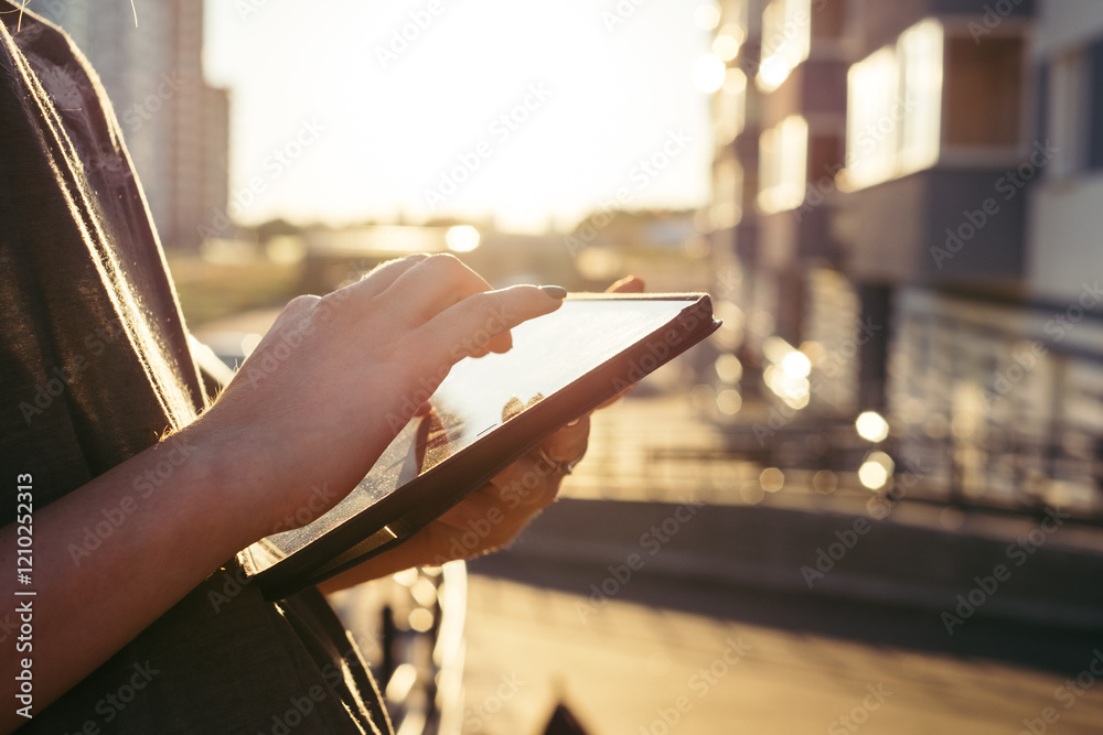 Close-up of a woman standing in the street using a digital tablet Close-up of a woman standing in the street using a digital tablet