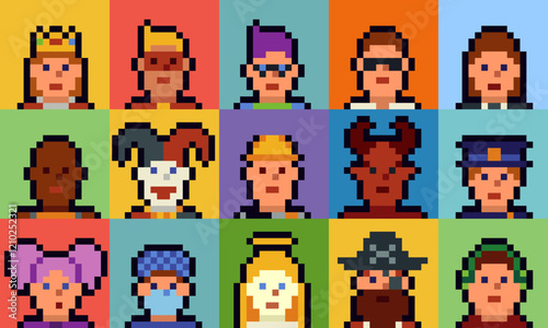 Pixel art characters set of the 8-bit avatar, funny faces in 80-s, NFT. Cartoon vector icon, game user, web profile persons, people, social net portraits