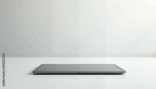 Photorealistic tablet mockup on white background, sleek tablet with a blank screen, lying flat on a smooth white surface, soft natural lighting emphasizing the clean lines and premium design, minimali