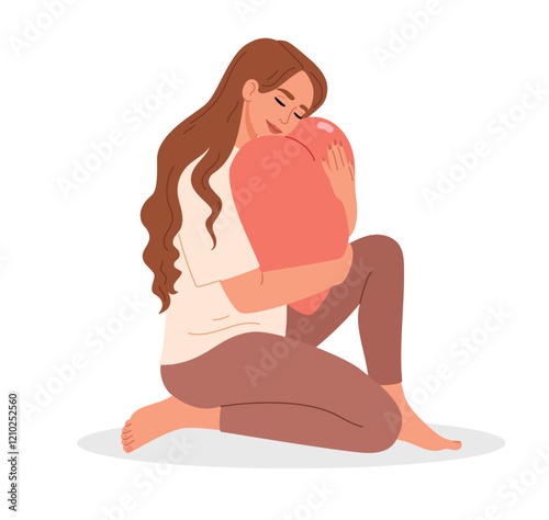 A loving embrace A woman is cuddling with a heartshaped pillow, showcasing tender affection