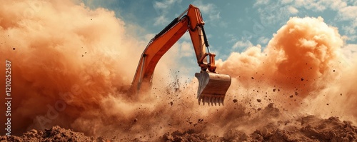 A powerful excavator digs into the ground, creating a cloud of dust against a backdrop of vibrant blue sky. photo