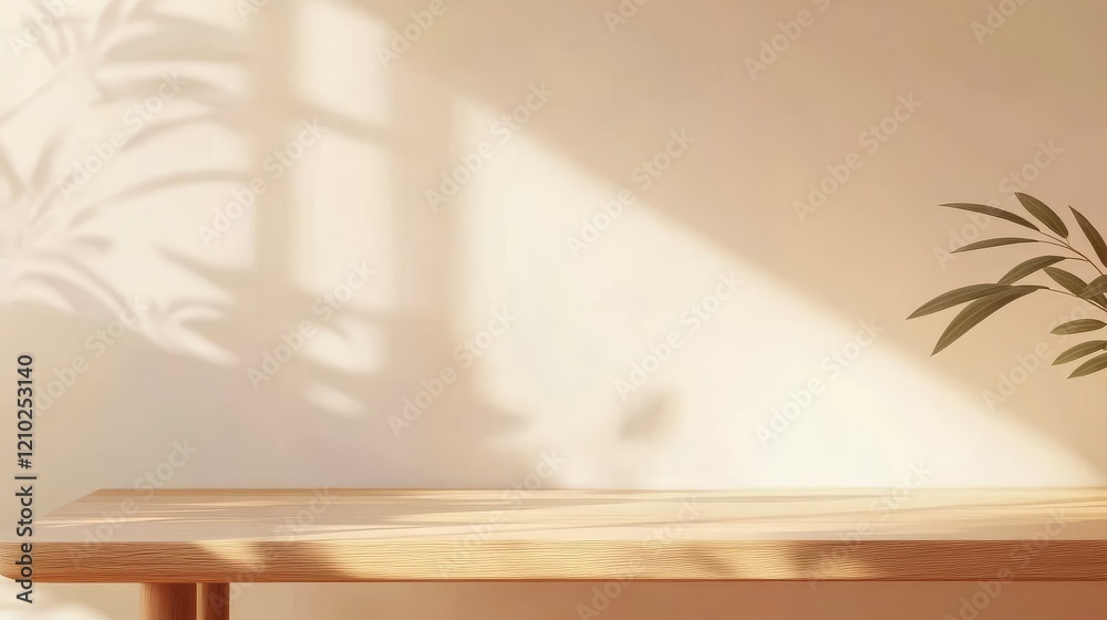 Elegant brown wooden counter table illuminated by soft sunlight. Elegant brown wooden counter table illuminated by soft sunlight.