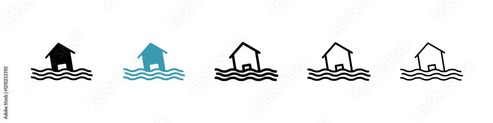 Flooded house icons set in black filled and stroke line style Flooded house icons set in black filled and stroke line style