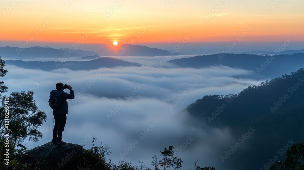 Fototapeta premium Sunrise Photographer on Mountaintop above Misty Valley Landscape