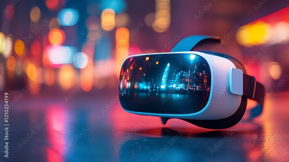 Futuristic VR Headset Displaying Vibrant Cityscape at Night Futuristic VR Headset Displaying Vibrant Cityscape at Night