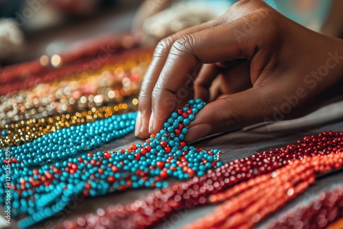 African female hand crafting colorful beaded jewelry with blue and red beads