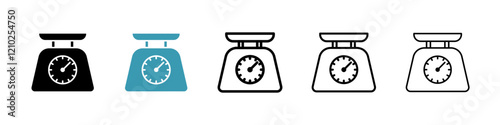 Kitchen scales icons set in black filled and stroke line style