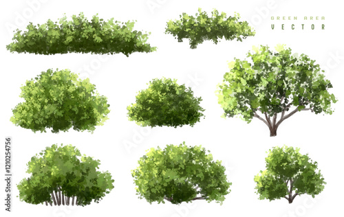 Vertor set of green tree,plants side view for landscape elevations,element for backdrop,eco environment concept design,watercolor greenery scene,shrub