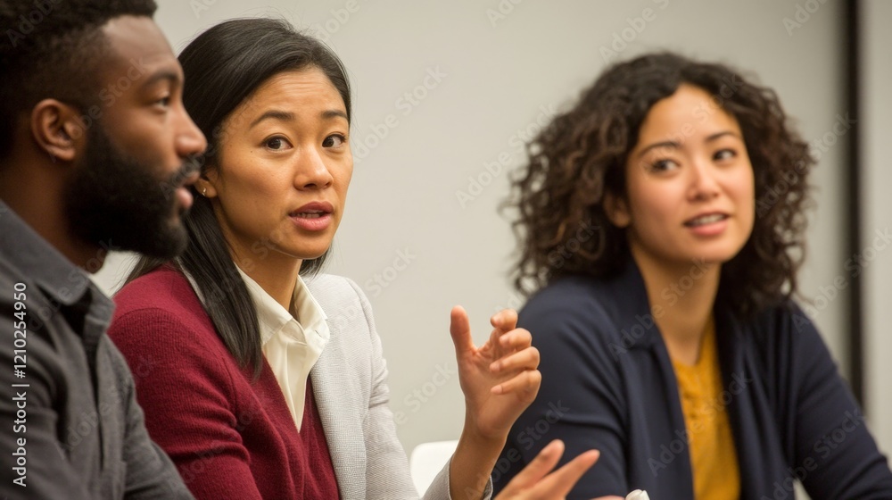 Three women are sitting around a table, one of them is talking. Scene is serious and focused Three women are sitting around a table, one of them is talking. Scene is serious and focused