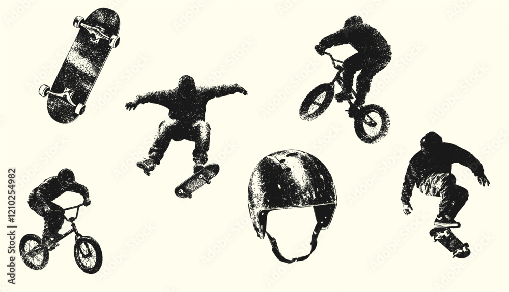 Fototapeta premium Skateboarders and BMX riders performing tricks with a helmet illustration