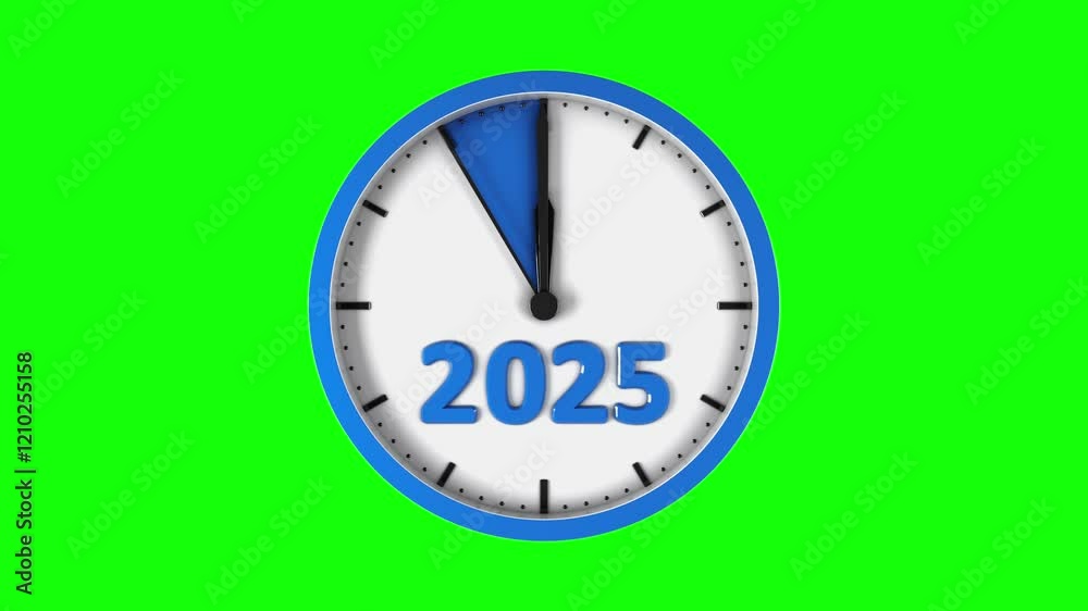 Movement of the second hand on the clock and the change of the numbers of the new year from 2025 to 2026. Green background. 3D render. Movement of the second hand on the clock and the change of the numbers of the new year from 2025 to 2026. Green background. 3D render.